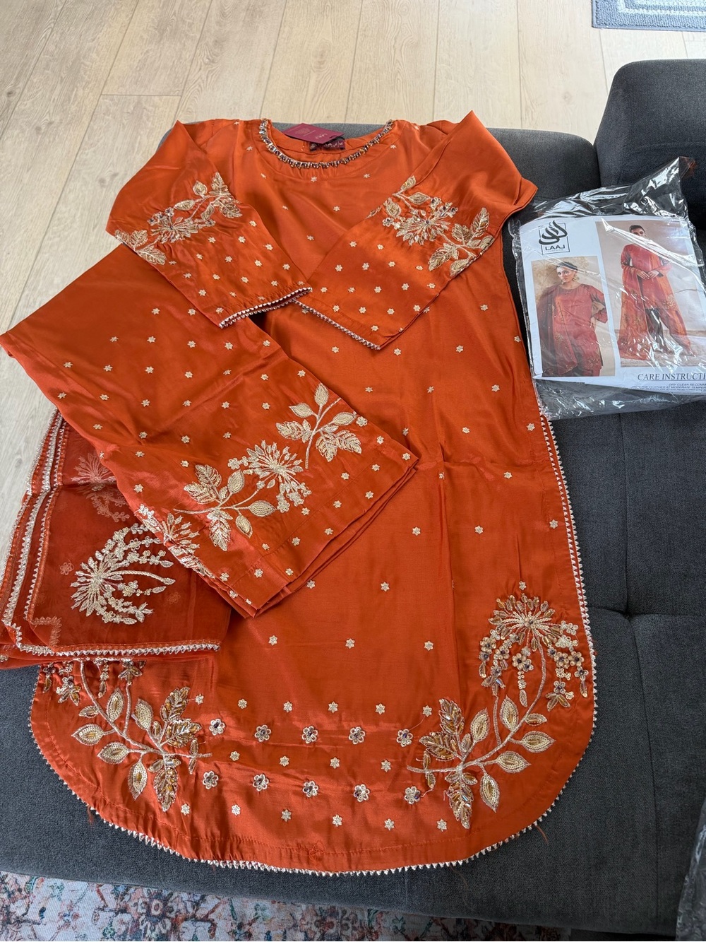 Embroidered Orange Farshi Salwar suit